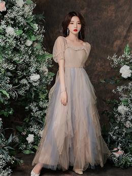 Picture of Cute Short Sleeves Layers Tulle Long Party Dresses, A-line Formal Dress